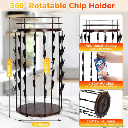 Liaakrr 360° Rotating Snack Display Stand with Secure Top Tier, Holds Drinks & Chips, 5-Tier 40-Clip Countertop Organizer for Party, Kitchen, Store-Beige