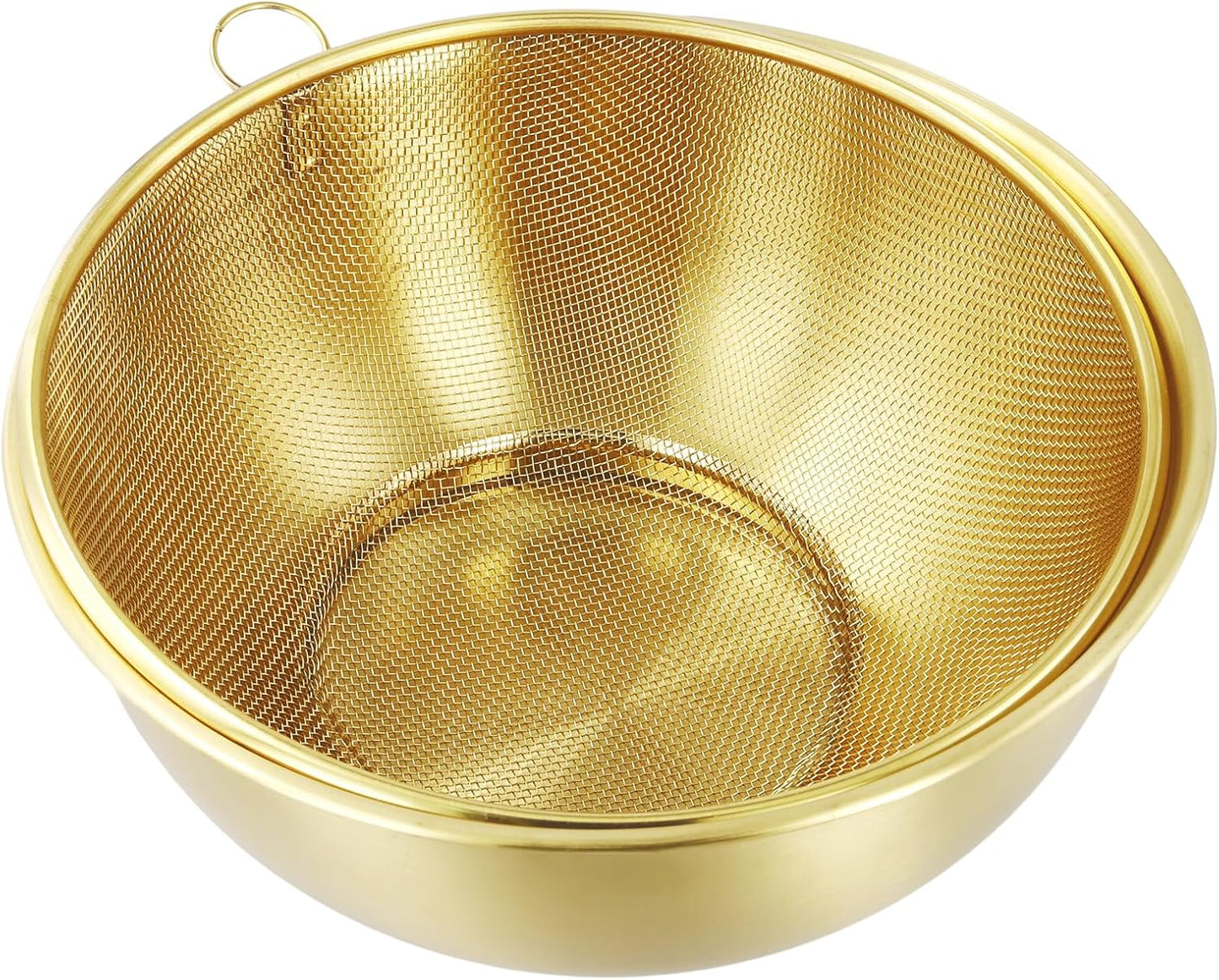 6 PCS Gold Stainless Steel Colander Set, 1.2Qt 2Qt and 3Qt Capacity Rice Washing Strainers with Metal Mixing Bowls Basin for Pasta Straining, Fruit Washing, Vegetable Draining