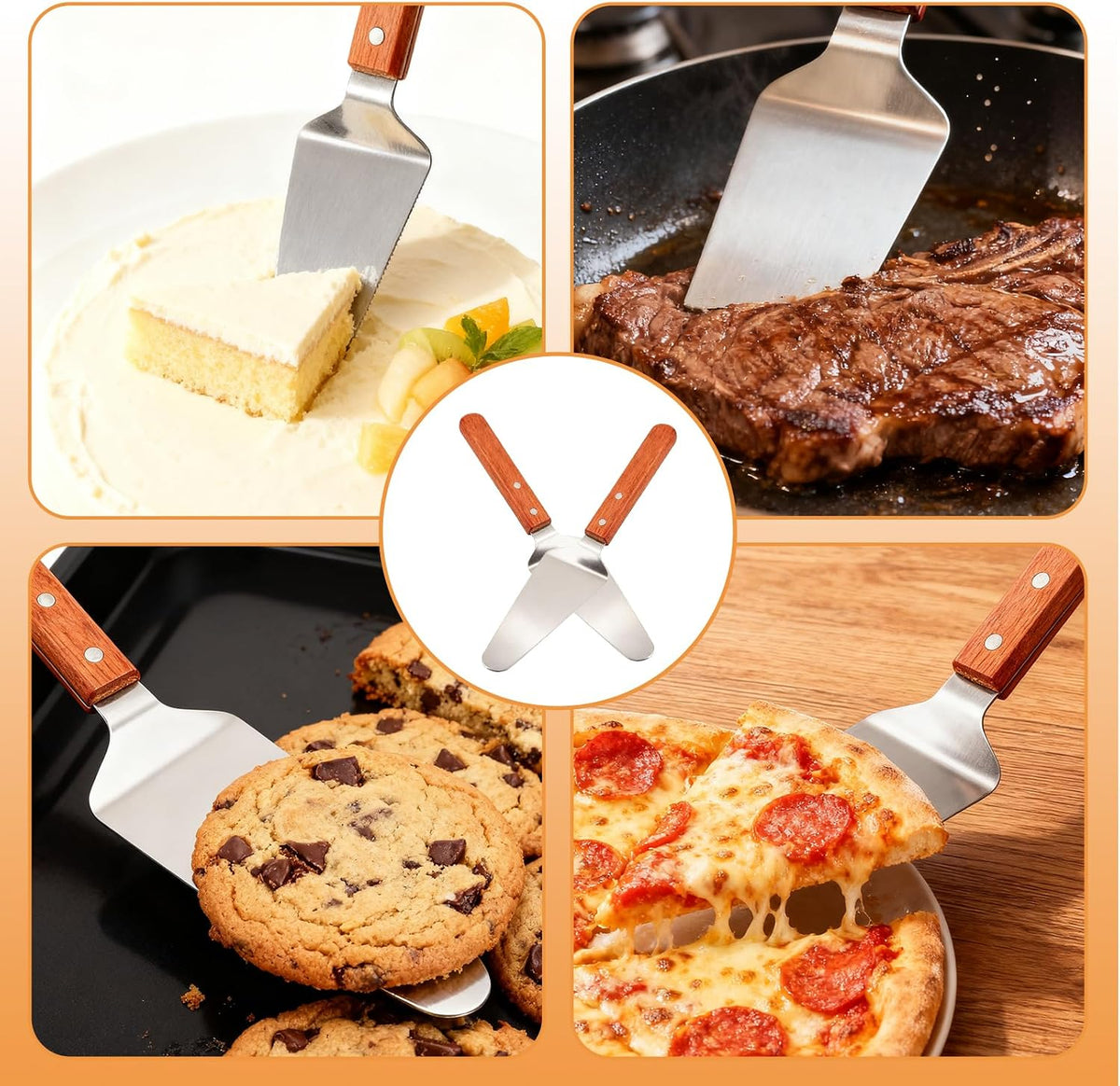 4 Pack Stainless Steel Pizza Servers with Wooden Handle
