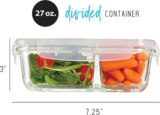 Fit & Fresh Divided, 5-Pack, Two Compartments, Set of 5 Containers with Locking Lids, Glass Storage, Meal Prep Containers with Airtight Seal, 27 oz.
