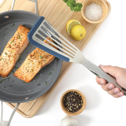 Calphalon Slotted Turner, Kitchen Flipping Spatula, Slotted Spatula, Stainless Steel Turner with Silicone Heat Resistance Handle, Nonstick-Safe Spatula for Draining and Flipping (Navy)