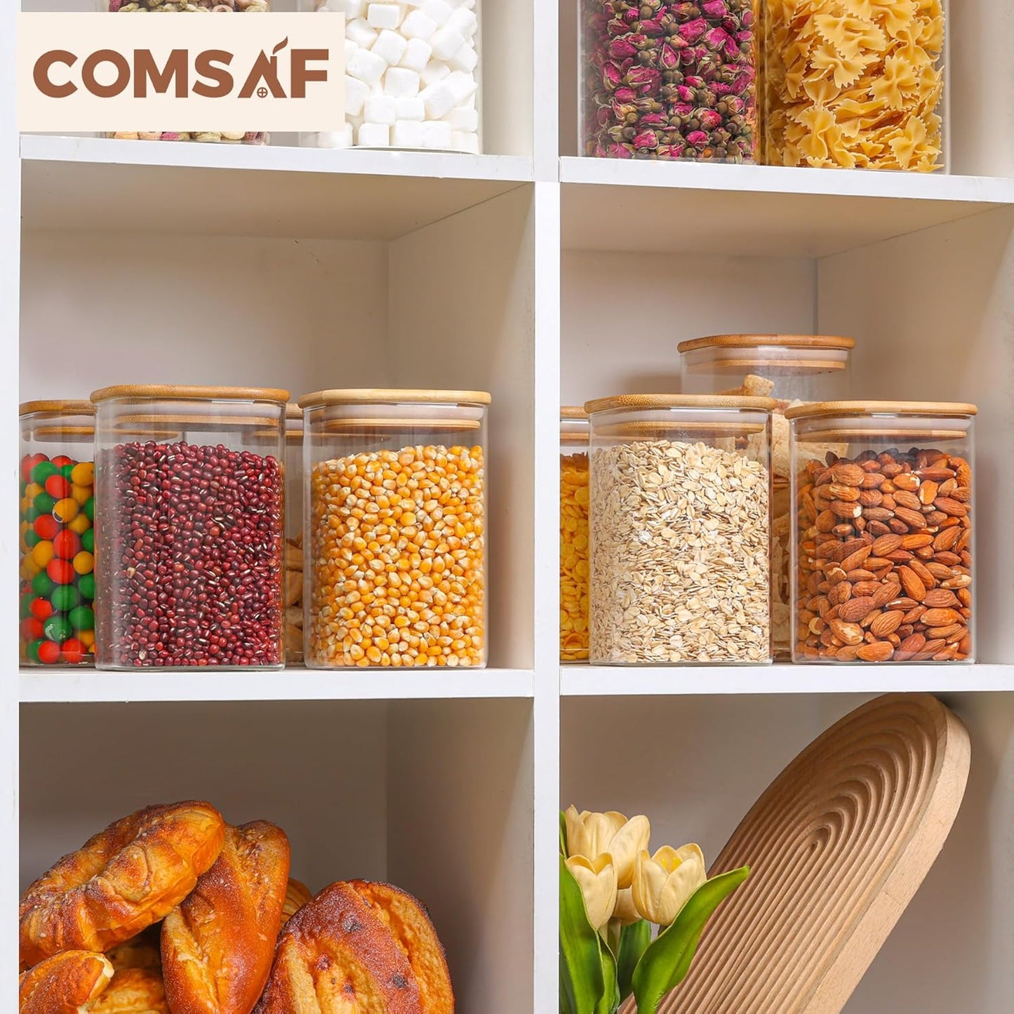 ComSaf 2Pcs Large Glass Storage Containers with Lids 4Qt, 1 Gallon Wide Mouth Flour Sugar Storage Containers, Large Capacity and Sealed for Rice, Cereal, Oat, Easy Clean and Scoop, Pantry Organization