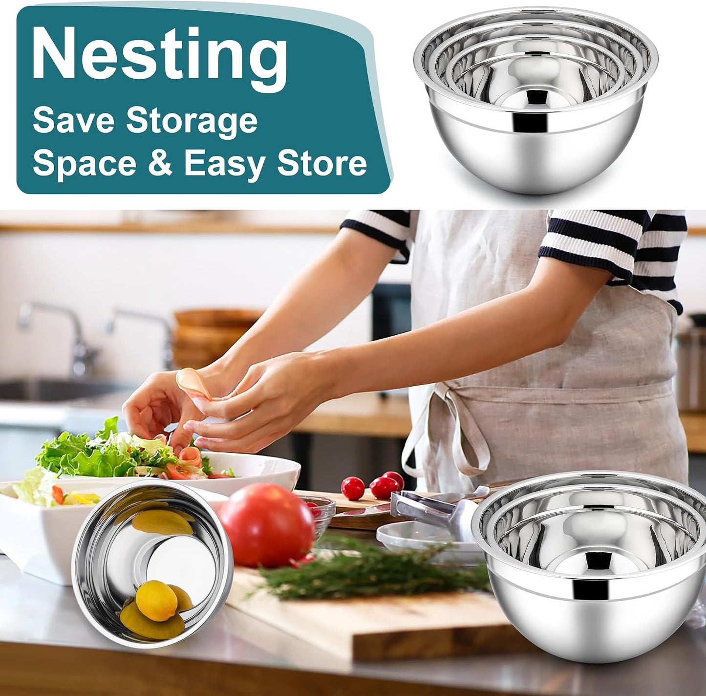 E-far Mixing Bowls With Lids Sets of 5, 10-Piece Stainless Steel Salad Metal Nesting Bowl for Baking Cooking and Prepping, Airtight Lid & Stackable Design, Size 4.6, 3, 2.1, 1.5, 0.7 QT, Black