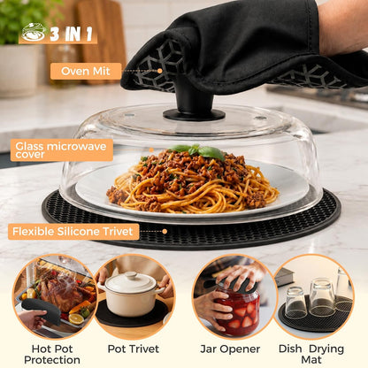 10" Glass Microwave Splatter Cover for Food with Silicone Trivet