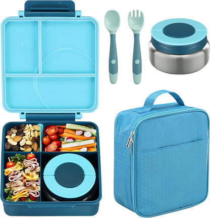 Bento Lunch Box Set for Kids with 8oz Soup Thermo, Leak-Proof Lunch Containers with 4 Compartment, Kids Thermo Hot Food Jar and Insulated Lunch Bag for Kid to School-Black