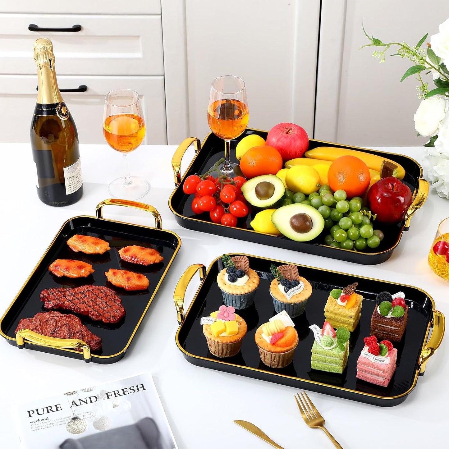 Rtteri Set of 6 Serving Platters with Handles 18.3/16.73/14.8 Inch Large Rectangular Trays, Reusable Pet Plastic for Entertaining, Dinner Parties, Weddings(Round Beads Handles,White)