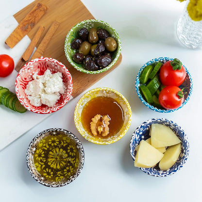 Ceramic Small Dipping Bowls Set of 6, 3.5 Oz Soy Sauce Dish, Handmade Charcuterie, Colorful Pinch, Dishwasher & Microwave Safe, 3.2'' Mini (SULTAN'S GARDEN)