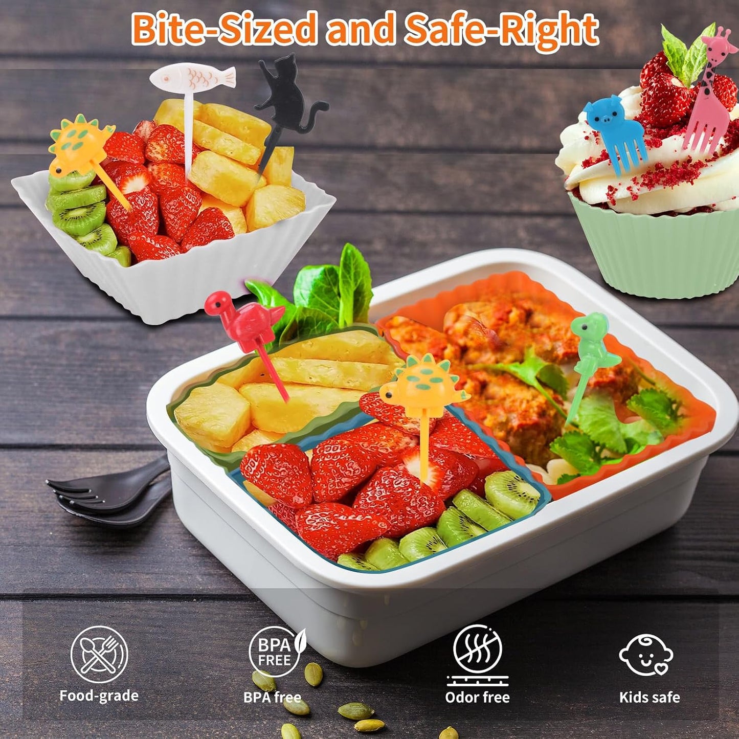 60PCS Silicone Lunch Box Dividers, Heavy-Duty Silicone Cupcake Liners for Muffin Cups, Reusable Kids' Lunch/Bento Box Accessories Set with Animal Forks, Food-Grade, BPA Free(20 Liners + 40 Picks)