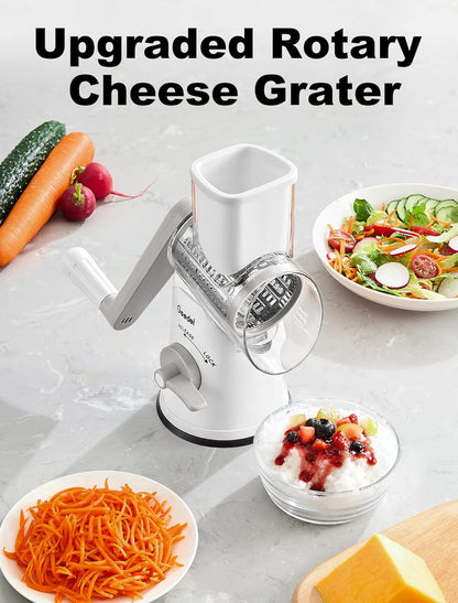 Geedel Rotary Cheese Grater, Kitchen Mandoline Vegetable Slicer with 3 Interchangeable Blades, Easy to Clean Rotary Grater Slicer for Cheese, Vegetables, Nuts