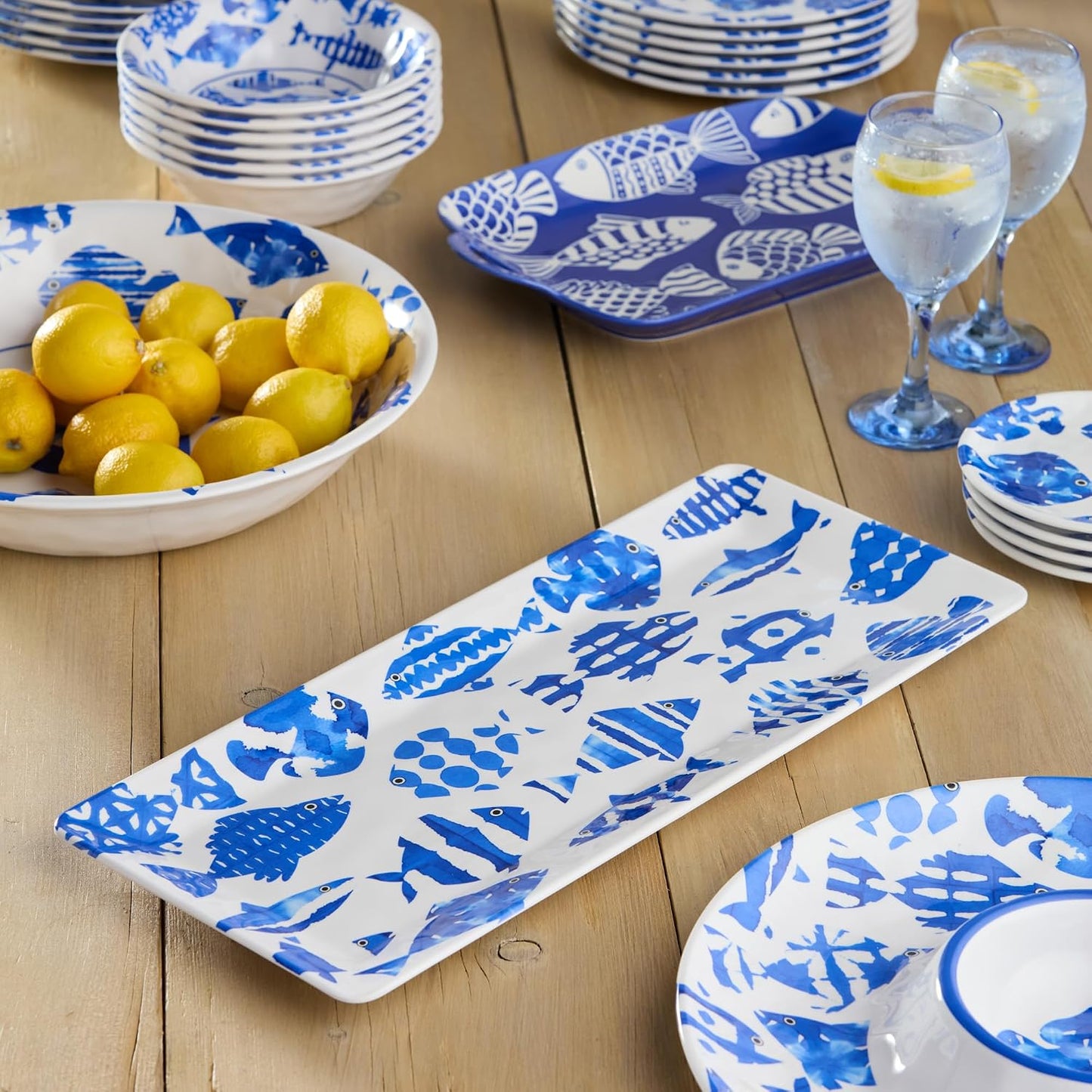 Fish Tale 3pc MELAMINE HOSTESS SET – 14.5" Chip Dip, Relish Tray, 19x8" Platter, Cobalt Fish School Art, Shatterproof Outdoor Entertaining, Poolside Party Serving, Mediterranean Coastal Hospitality