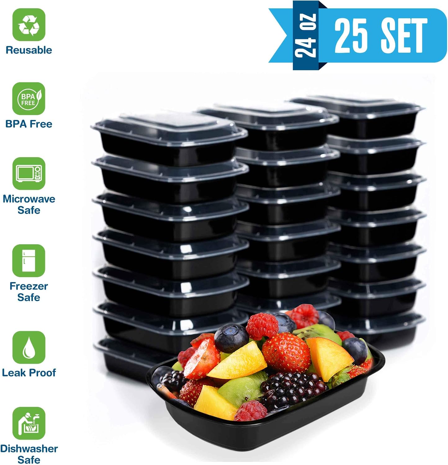 SafeWare Meal Prep Container Reusable 2 Compartment With Lids 28oz (25 Sets)- Food Prep Containers, Food Storage Bento Box | Stackable | Microwave | Dishwasher | Freezer Safe.