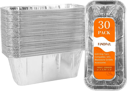 Findful 30-Pack Drip Pans Liners for Blackstone Griddle Accessories, Aluminum Foil Pan Disposable for 17" 22" 28" 36" Blackstone Griddle Drip Tray Holder Grill Rear Grease Catcher Cup