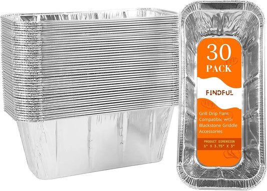 Findful 30-Pack Drip Pans Liners for Blackstone Griddle Accessories, Aluminum Foil Pan Disposable for 17" 22" 28" 36" Blackstone Griddle Drip Tray Holder Grill Rear Grease Catcher Cup