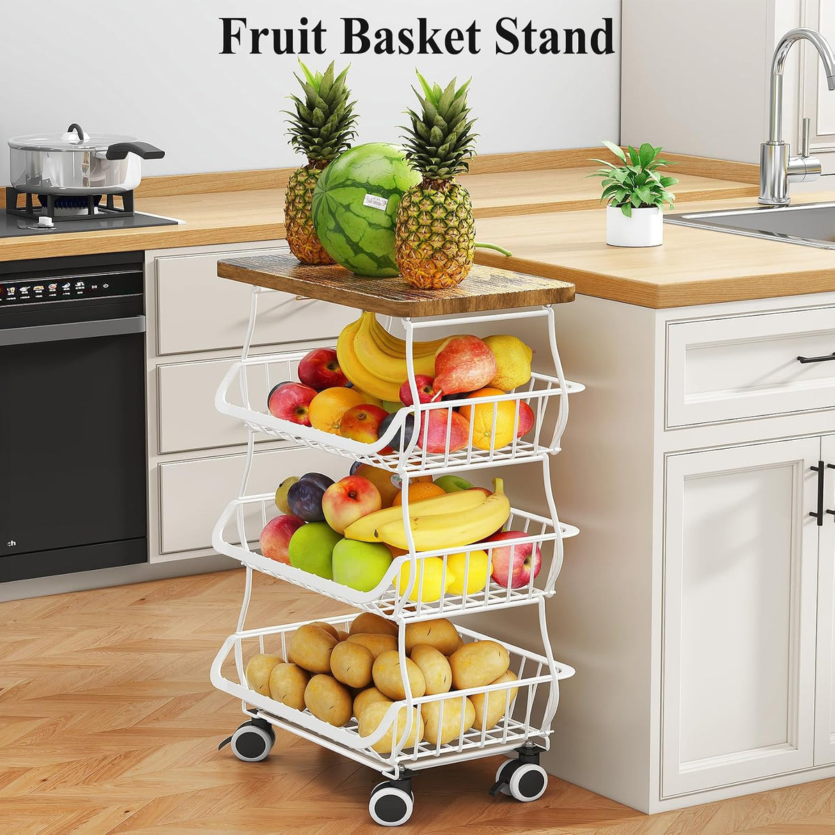 SAYZH Fruit Basket Kitchen Pantry Organizers and Storage - Wooden Top Table, Stackable Metal Wire Basket Stand Cart for Fruit Vegetable Snacks Onion Potato Organization (Black, 5 Tiers)