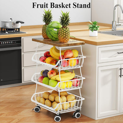 SAYZH Fruit Basket Kitchen Pantry Organizers and Storage - Wooden Top Table, Stackable Metal Wire Basket Stand Cart for Fruit Vegetable Snacks Onion Potato Organization (Black, 5 Tiers)