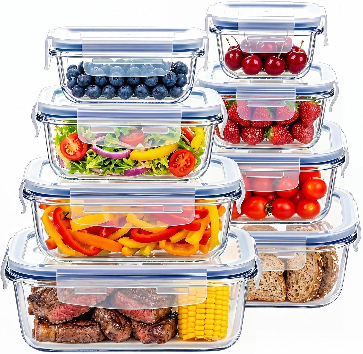 8 Pack Glass Meal Prep Containers with Lids, Glass Food Storage Containers with Snap Locking Lids, Airtight Lunch Containers for Microwave, Oven, Freezer and Dishwasher BPA Free (Green)