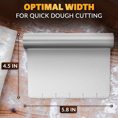 Bench Scraper Kitchen – Multipurpose Pastry Scraper Tool with Measurement Marks for Even Portions, Stainless Steel Build, Ergonomic Grip for Better Control – Pizza, Cookie & Bread Dough Cutter Tool