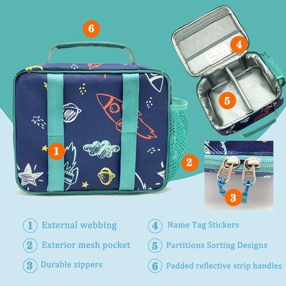 Kulle Space Lunch Box for Kids, Insulated Lunch Bag for Boys, Large Capacity Thermal Tote for School, Office, Daycare - Rocket Design, Washable & Leakproof