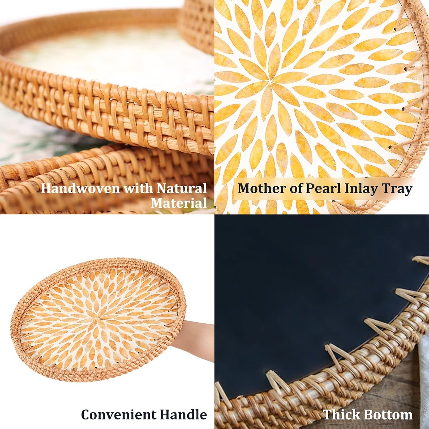 Round Rattan Tray with Mother of Pearl Inlay, Rattan Serving Tray for Coffee, Bread, Fruits, Decorative Wicker Tray for Table Decor, Home Decor, Kitchen Island Decor(Black Checkerboard, 11.8")