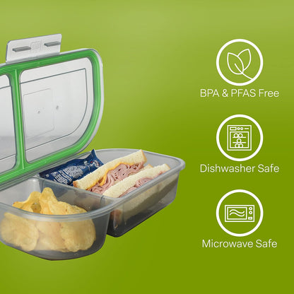 MyGo Container Large To-Go 3-Compartment Food Containers, Pack Of 3, 9-3/8" X 9-3/8" X 2-1/2", Reusable, Microwave Safe, NSF Certified, Smoke/Green