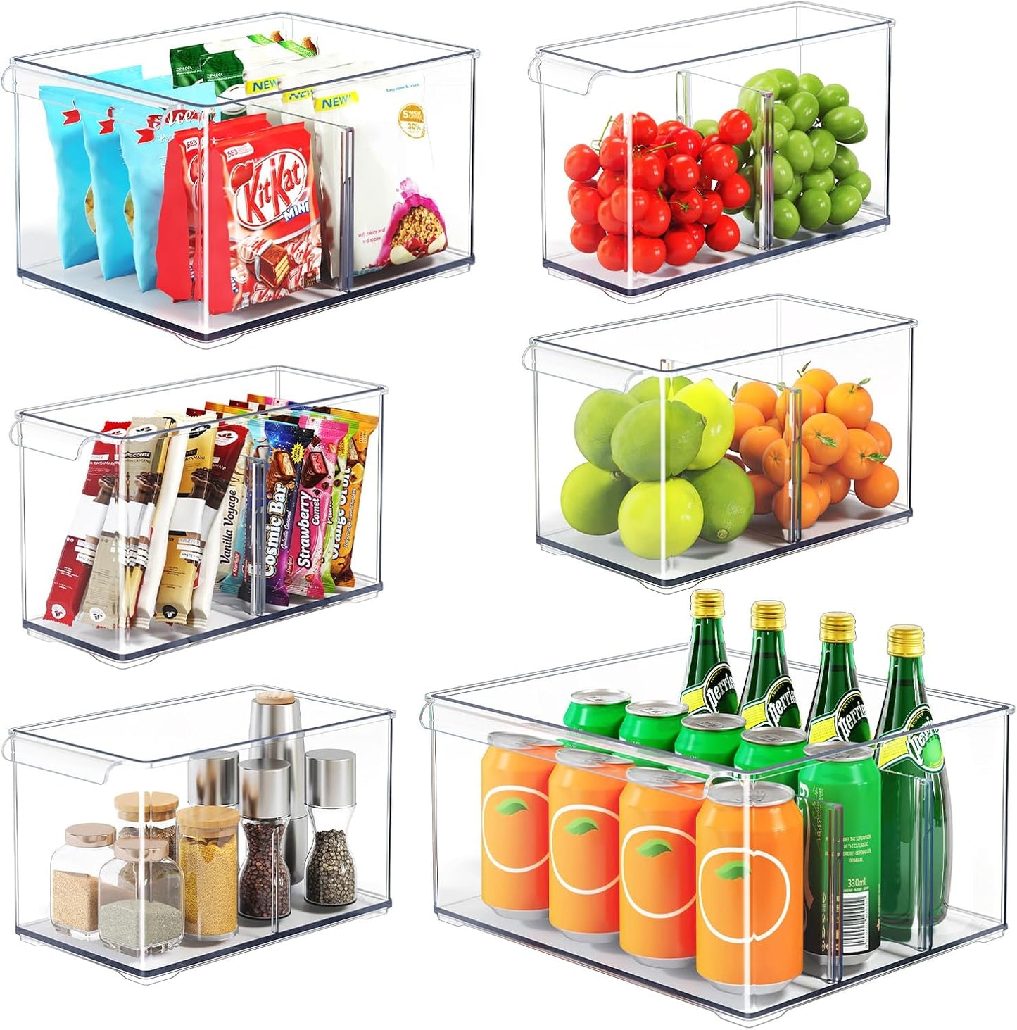 Clear Plastic Storage Bins with Dividers for Fridge Pantry Organizers and Storage Containers, 3 Pack Acrylic Stackable Sturdy Storage Boxes for Home Edit and Cabinet Organizers C6-1