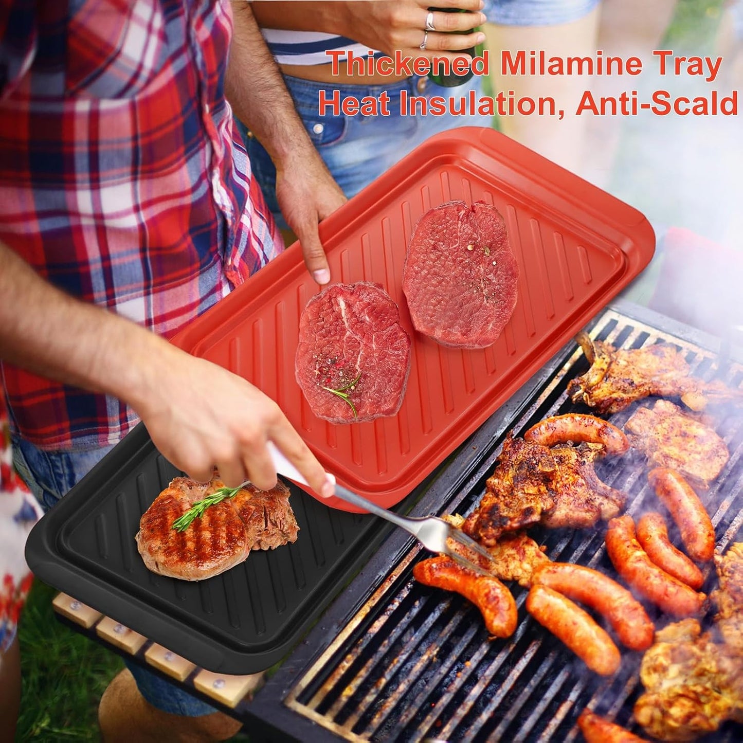 DEAYOU 2 Pack Grilling Prep and Serve Trays, 17" x 10.5" BBQ Platters for Cooked and Raw Meat, Melamine Serving Trays for Food, Outdoor, Grill Accessories, Dishwasher Safe, Black and Red