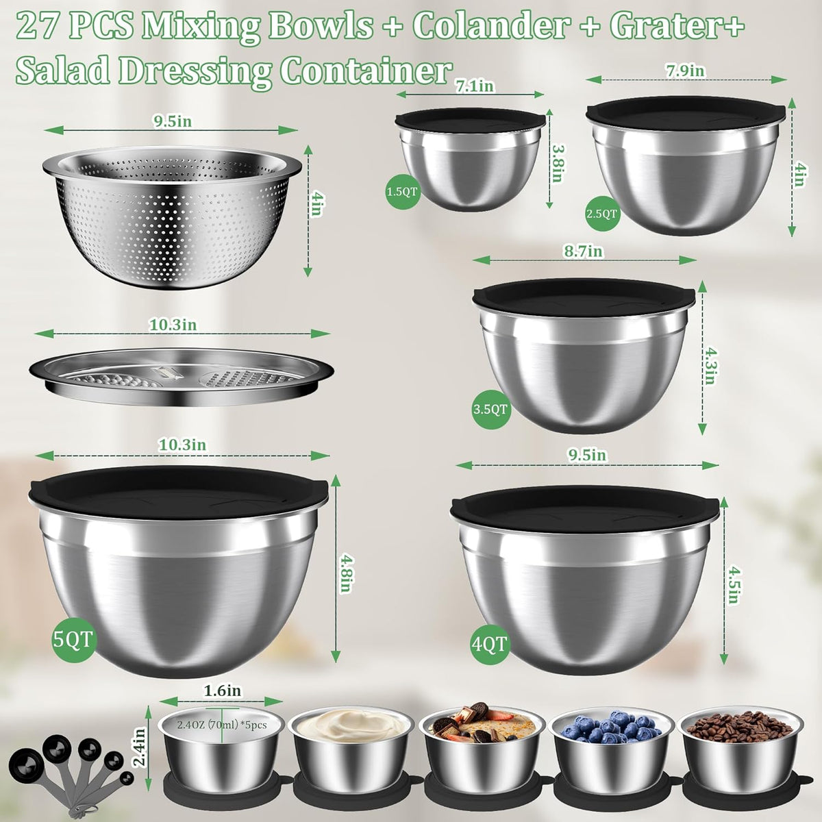 Mixing Bowls with Lids Set, 16PCS Stainless Steel Mixing Bowls,Nesting Storage Bowls for Kitchen with Mixing Bowls Set, Colander, Strainer & Grater , Metal Salad Bowl for Kitchen Gadgets , Cream