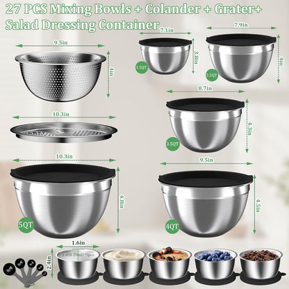 Mixing Bowls with Lids Set, 16PCS Stainless Steel Mixing Bowls,Nesting Storage Bowls for Kitchen with Mixing Bowls Set, Colander, Strainer & Grater , Metal Salad Bowl for Kitchen Gadgets , Cream