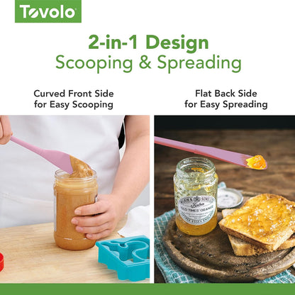 Tovolo Silicone Jar Spatula Long Handled Rubber Scraping Scooping Tool for Peanut Butter Jam Jelly Jars Blenders, Extra Long Flex Core Silicone Jar Scraper Dishwasher Safe BPA Free, Pink Sorbet