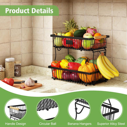 2 Tier Fruit Basket for Kitchen Counter with 2 Banana Hangers, Countertop Metal Bread Basket with Wooden Handle, Large Storage Stand for Vegetables, Snacks, Eggs, Produce Storage – Black