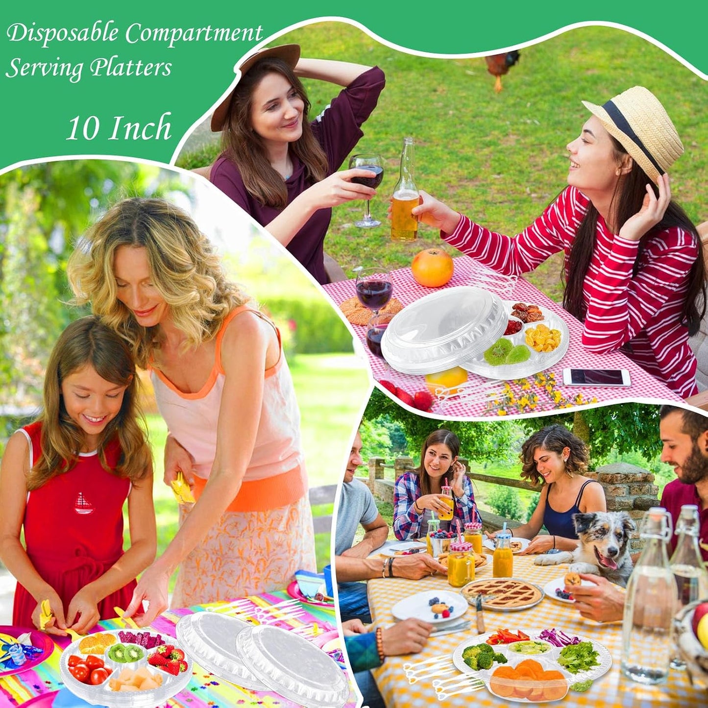 12 Pack Plastic Appetizer Trays with Lids,6 Compartment Serving Platters Tray with 100 Pcs Forks,Disposable 10 Inch Clear Round Fruit Storage Container for Snack,Food,Vegetable,Party Buffet Favors