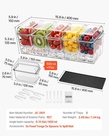 VEVOR Chilled Condiment Server Caddy, 5 Compartment Ice Cooled Serving Container, Plastic Fruit Garnish Tray Platter with Lid, for Taco Salad Bar Accessories, Party Home Restaurant Supplies
