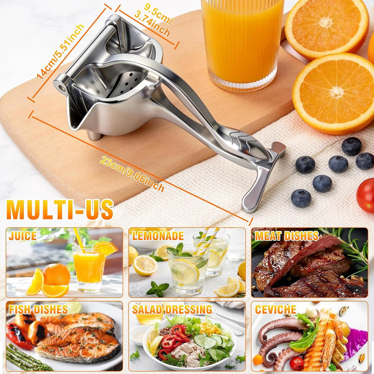Manual Fruit Juicer Press, Heavy Duty Hand Squeezer with Less Effort Grip