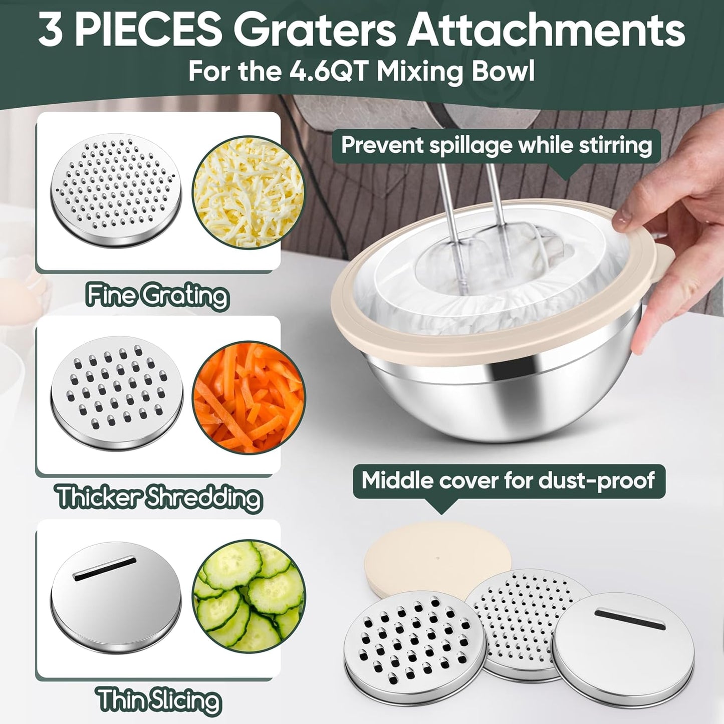 Herogo 5-Piece Mixing Bowls with Airtight Lids, 3 Grater Attachments, Stainless Steel Salad Serving Bowls for Kitchen, Size 4.6, 3.5, 2.5, 2, 1.5QT Ideal for Prepping & Cooking, Black