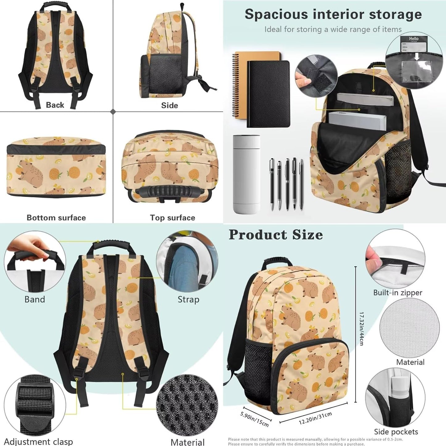 Cute Capybara Pizza Backpack for Girls, 5 Pcs Boys School Bag Set for Kids, 17 Inch Backpacks Lunch Pencil Box Reusable Utensils Case Set for Middle Elementary School, 3rd Grade Backpack