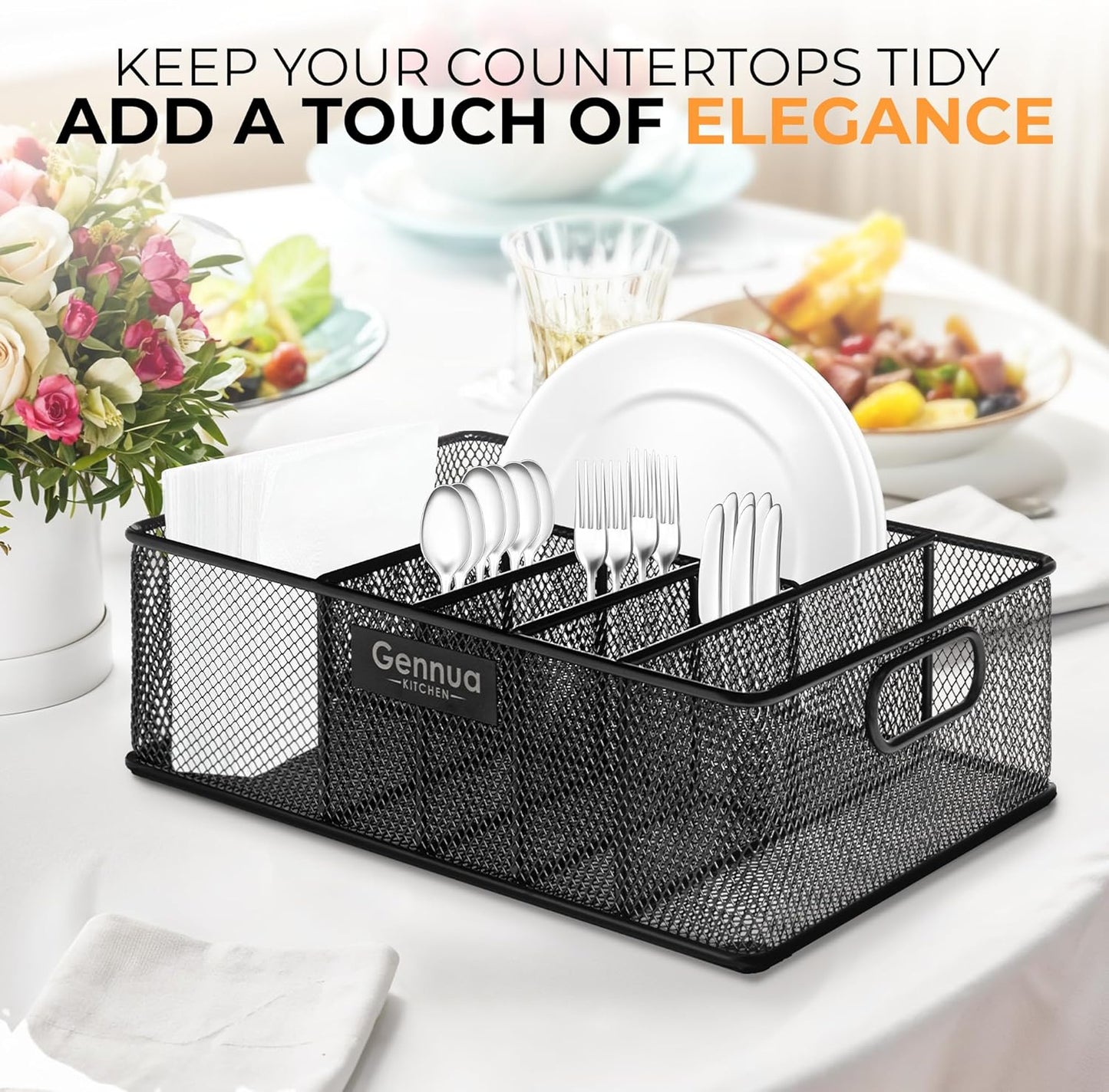 Gennua Kitchen Paper Plate Organizer for Cabinet, Counter, Picnics, Parties & More, Extra Large Utensil Caddy Crafted of Thick Iron Mesh With 6 Compartments for Paper Plates & Plastic Silverware
