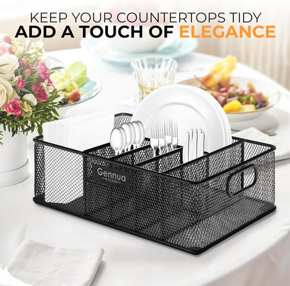 Gennua Kitchen Paper Plate Organizer for Cabinet, Counter, Picnics, Parties & More, Extra Large Utensil Caddy Crafted of Thick Iron Mesh With 6 Compartments for Paper Plates & Plastic Silverware