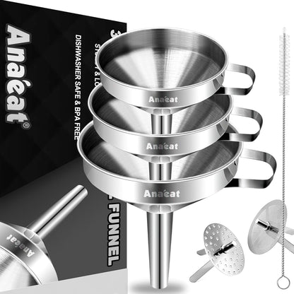Anaeat Stainless Steel Mini Kitchen Funnel Set, Durable Metal Filling Funnels for Transferring Liquid, Dry ingredients, Cosmetic Lotion, Fluid, Spices, Powder - Food-Grade & High Heat Resistant