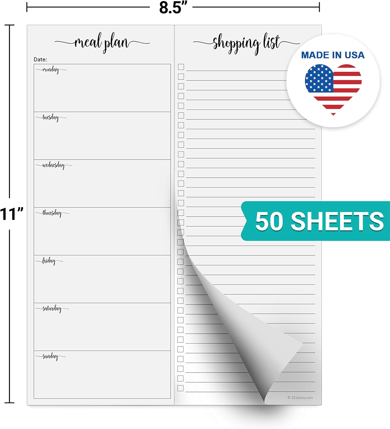 321done Magnetic Weekly Meal Plan Shopping Checklist Notepad - Tear-Off 50 Sheets, 5.5x8.5 - Undated, Sunday to Saturday To-Do List Planner, Schedule Weekly Desk Pad, Weekday Planning Notepad - Made in USA