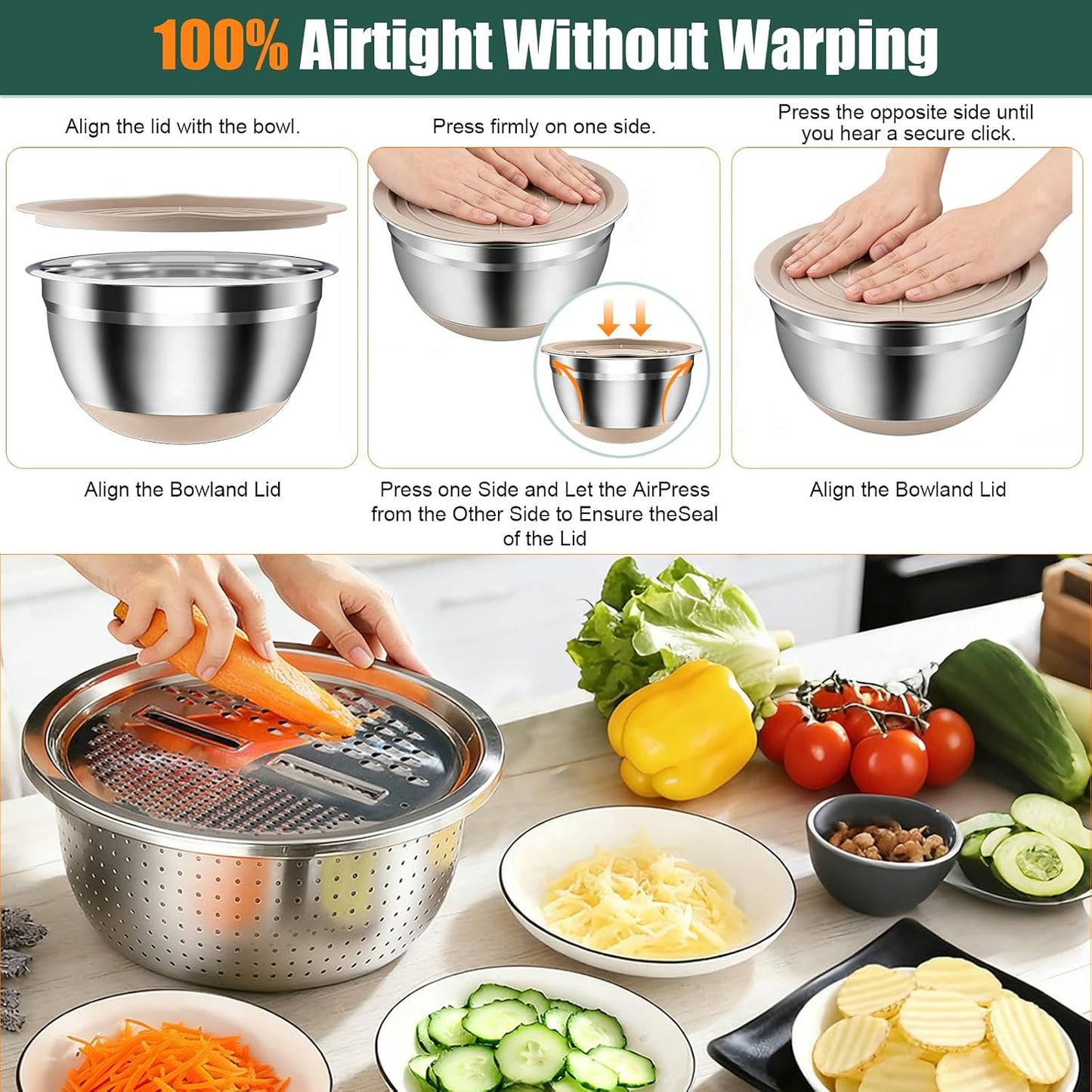 Stainless Steel Mixing Bowls Set with Lids & Silicone Base - 7-Piece Kitchen Gadgets Includes Colander, Grater, Egg Separator, Whisk - Nesting Bowls (1.5, 2, 2.5, 4.5 QT), Dishwasher Safe, Black