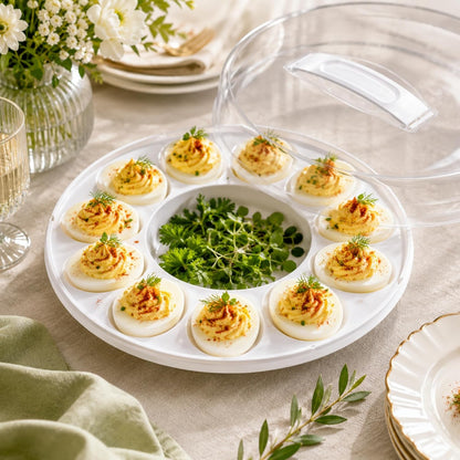 Deviled Egg Carrier Tray with Lid, 10.375x3.5 in. BPA Free Covered Serving Platter with Handle, Hold 12 Eggs, Portable Egg Storage Container for Parties Potlucks Picnics Entertaining Food Transport