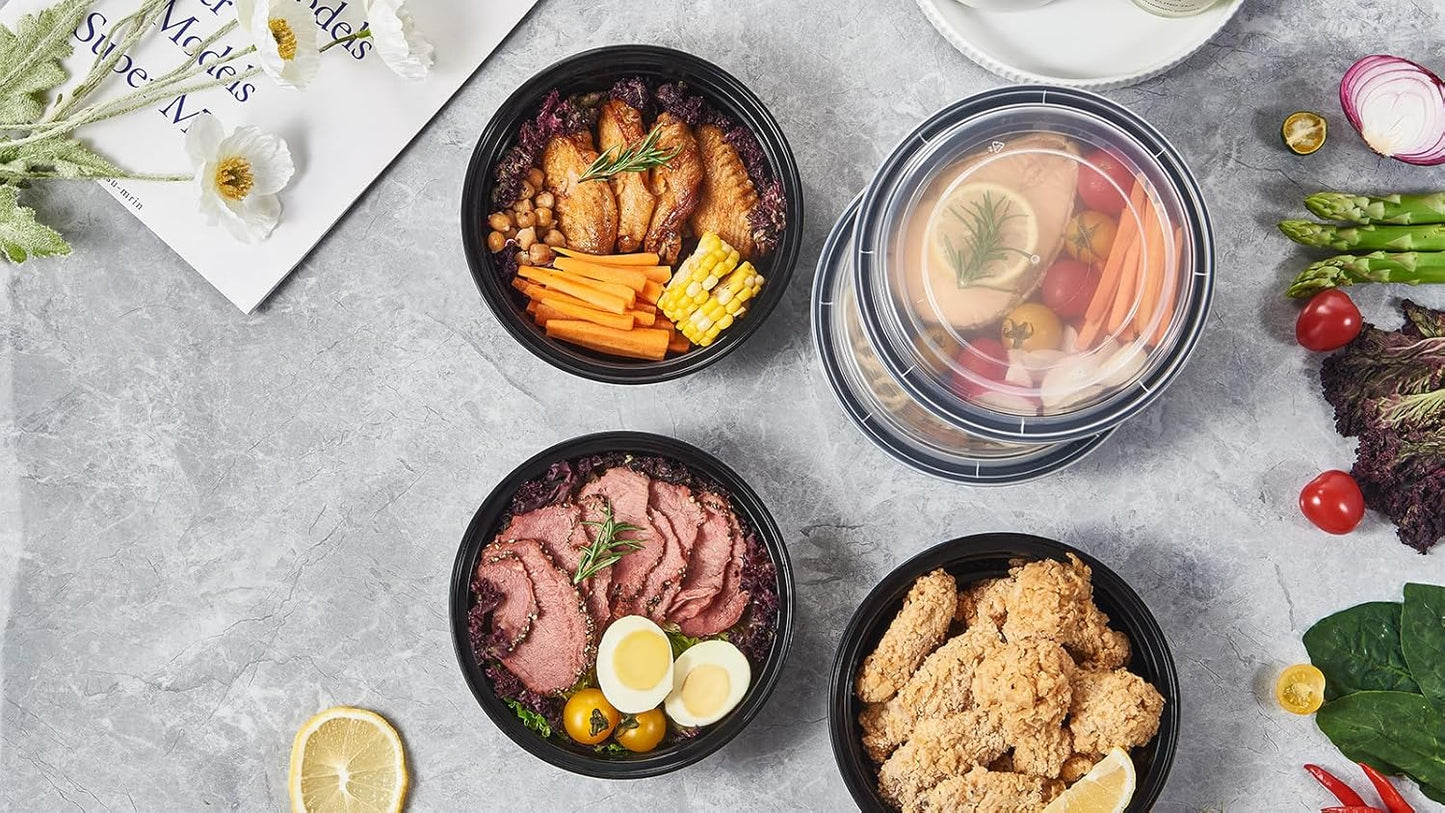 FULING 32 oz 50 ct Round Meal Prep Containers with Lids Plastic Food Storage Lunch Plan To Go Box Disposable Take Out Bowls Black BPA Free Reusable Durable Stackable Microwave Freezer Dishwasher Safe