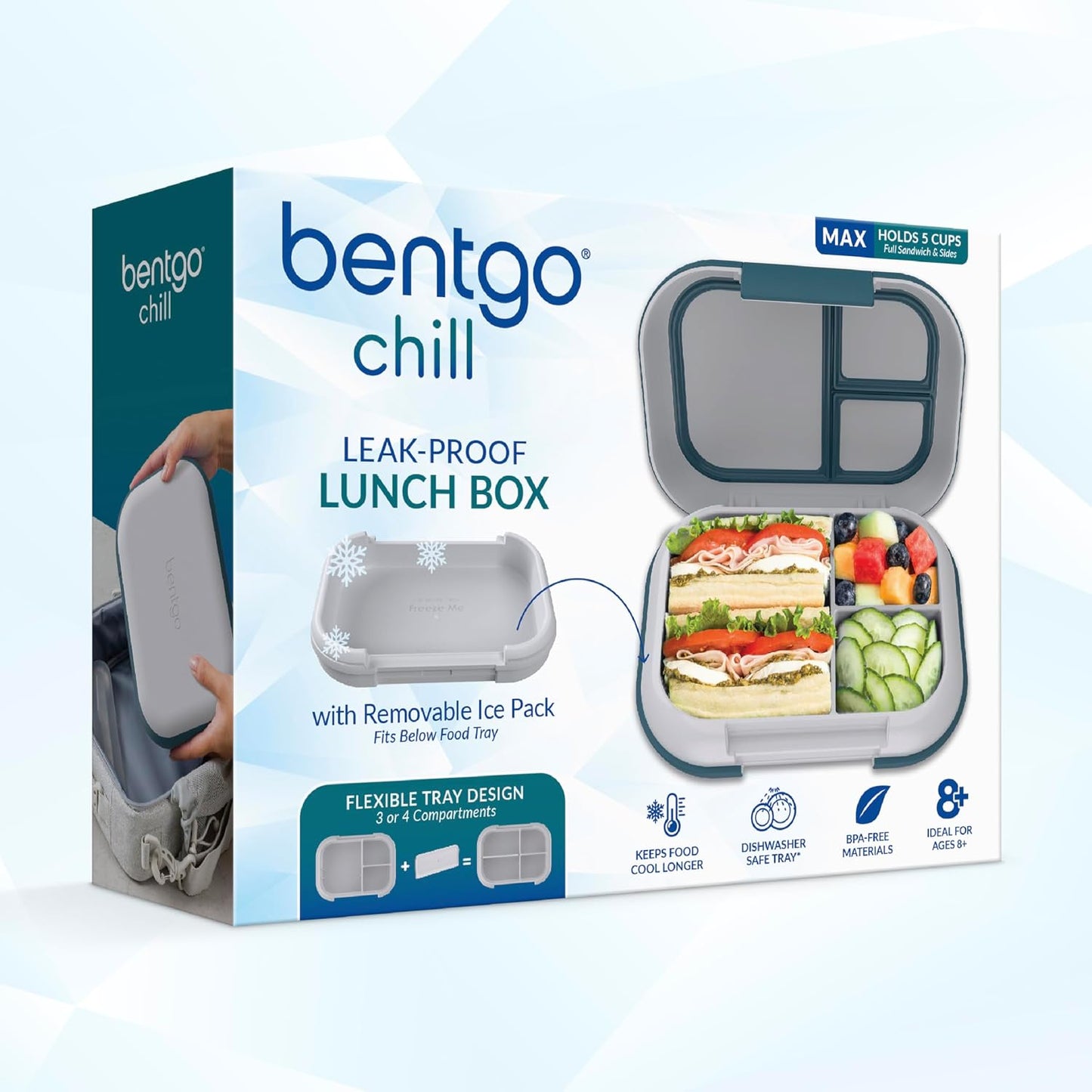 Bentgo Chill Max Leak-Proof XL Lunch Box - Included Ice Pack Keeps Food Cold; 5-Cup Capacity for Adults & Ages 8+, 3 or 4 Compartment Bento Box, BPA-Free, Dishwasher Safe (Bone & Glacier Blue)