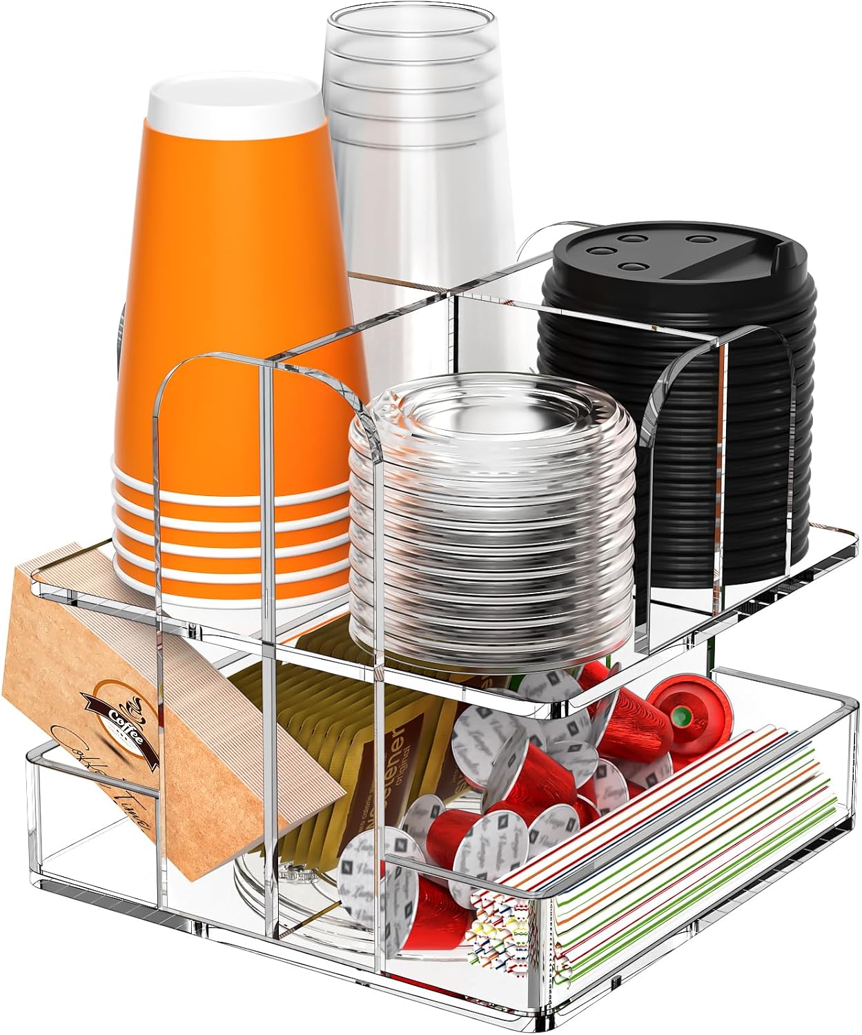 Beego Rotatable 4-Compartment Acrylic Cup Dispenser - Coffee Station Cup and Lid Carousel Countertop Plastic Cup Holder for Restaurant Breakroom Coffee Bar