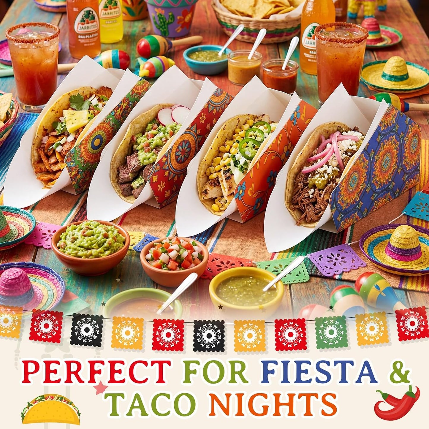 Qinyoung 120 Sets Disposable Taco Holders Bulk with Greaseproof Fiesta Paper Holder Shells Stand Rack Tray Stand up Nacho Holder Party Snack for Taco Tuesday Nights Party Supplies(5.5×2×2.2 Inches)