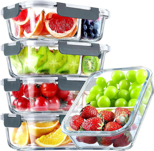 TYKOON AISOON 5 Pack Glass Meal Prep Containers with Upgraded Snap Locking Lids, 36oz Glass Food Storage Containers 2 Compartment Set, Airtight & Leakproof – Microwave, Oven, Freezer Safe (36oz)