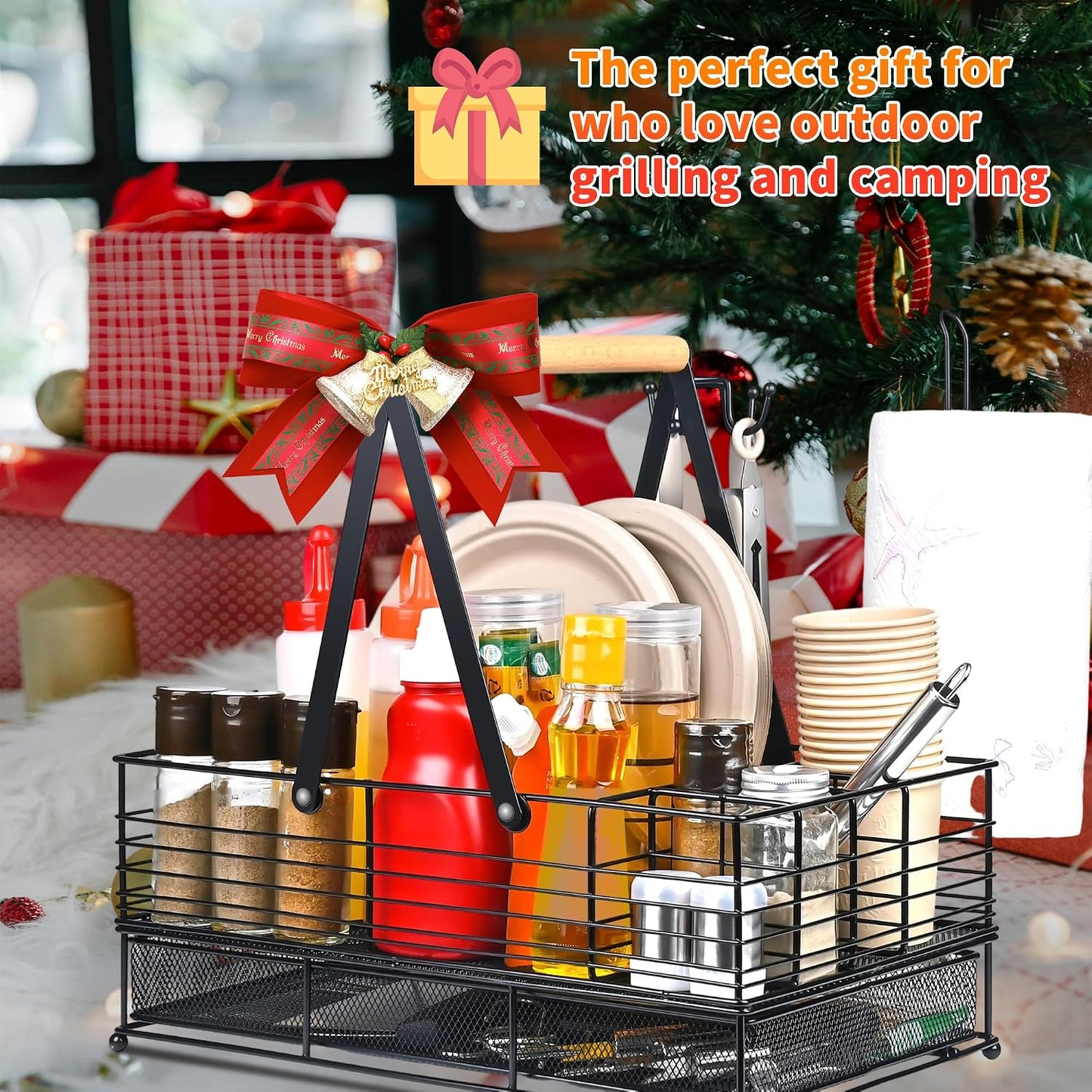 Grill Caddy with Paper Towel Holder and Plate Holder,Picnic BBQ Condiment Utensil Organizer Caddy for Camping, Rv, Camping Essential, Camper Must Haves, Grilling Gifts for Men