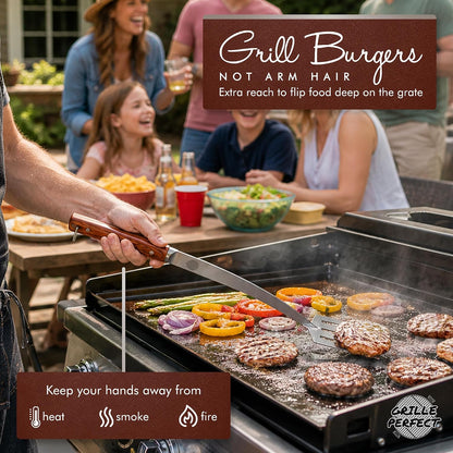 Grill Fork 24-inch Super Long for Grilling Barbecue Griddle and Fire Pit Extra Strong Curved Neck Premium Hardwood Handle Large Stainless Steel Tines for BBQ Outdoor Kitchen and Grilled Food