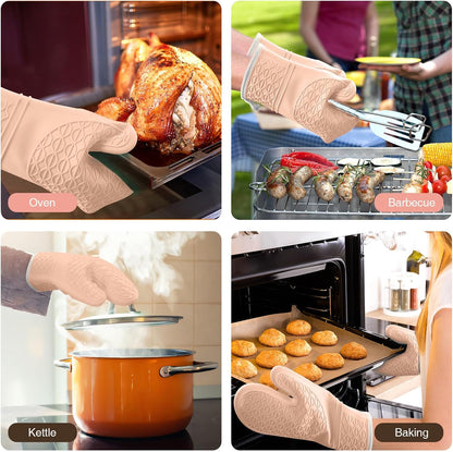 Silicone Oven Mitts, Heat Resistant 2PCS Oven Mitts with Soft Cotton Lining, Waterproof Non-Slip Grip Oven Glove, Kitchen Potholder Mits for BBQ, Baking, Cooking, 12.5 Inch - Grey