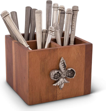 Vagabond House Caddy Rectangle Acacia Wood Flatware/Serve ware/Utensil/Carry-All Holder Solid Pewter Song Bird Accent and Real Leather Handles, 3 Small and 1 Larger Compartment 13.5 inch Long